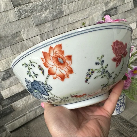 1960s Vintage Chinoiserie Hand Painted Lotus Bowl with Koi Fish Decorative Bowl